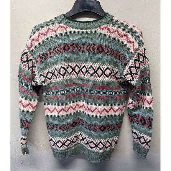 VTG Knit Cardigan Sweater Womens Small Fair Isle Nordic Cottagecore Green Pink - Picture 7 of 8